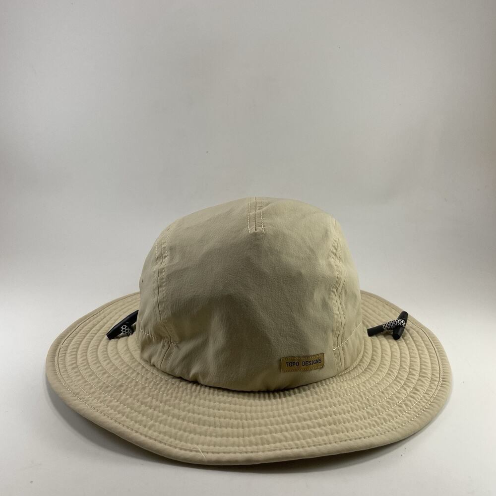 Topo Designs Sun Hat Tan Khaki Wide Brim Bucket Cord Lock Chin Strap Cap OSFM